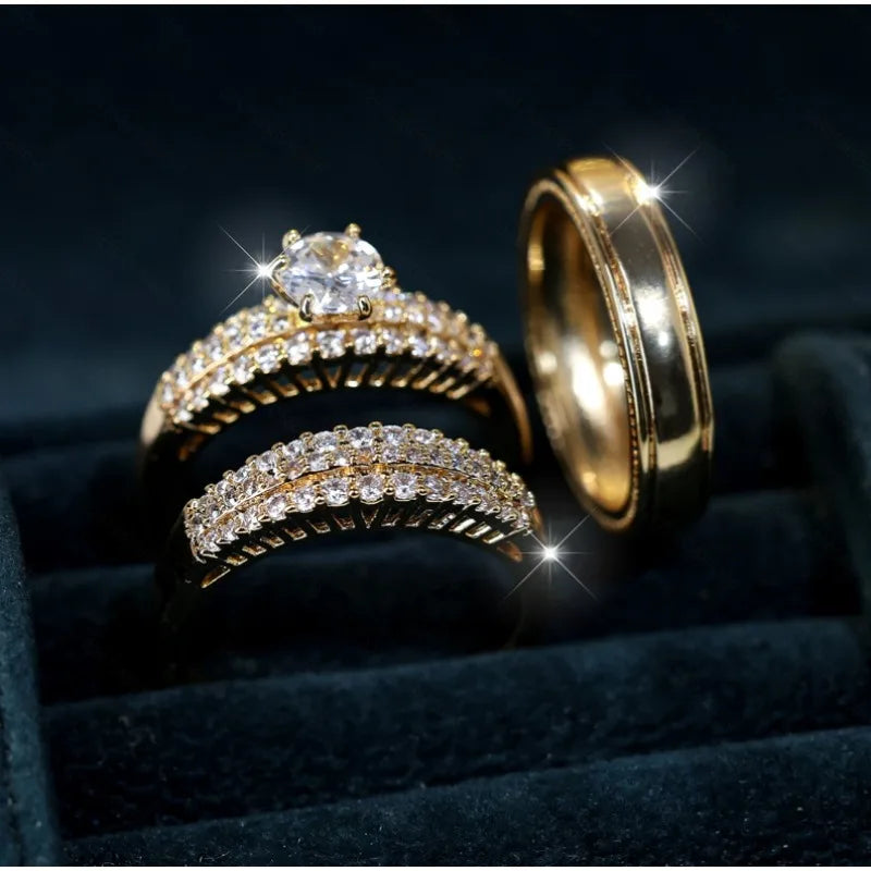 Luxury Crystal Female Zircon Round Stone Rings Set Vintage Gold Color Bridal Engagement Wedding Jewelry for Women