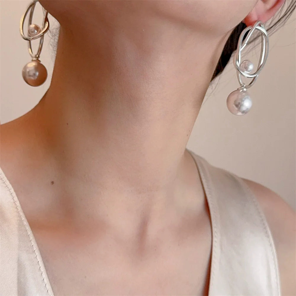 Kshmir Vintage Irregular Metal Line Pearl Pendant Earrings for Women Simple Commuter Jewelry Party Accessories