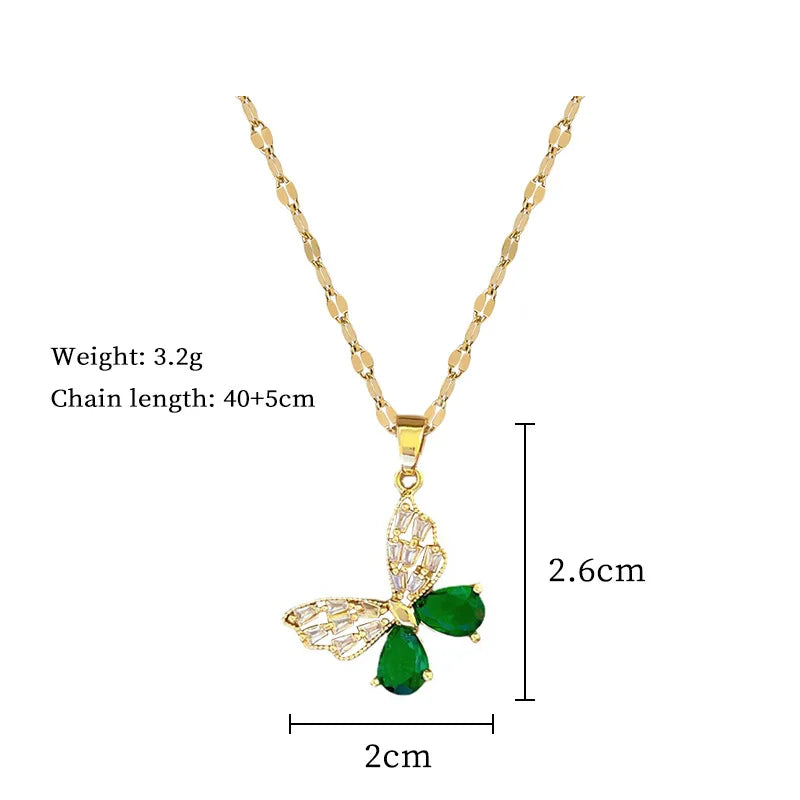 DIEYURO 316L Stainless Steel Steell Green Crystal Hollow Out Butterfly Necklace Earring Set For Women New Fashion Jewelry Gift