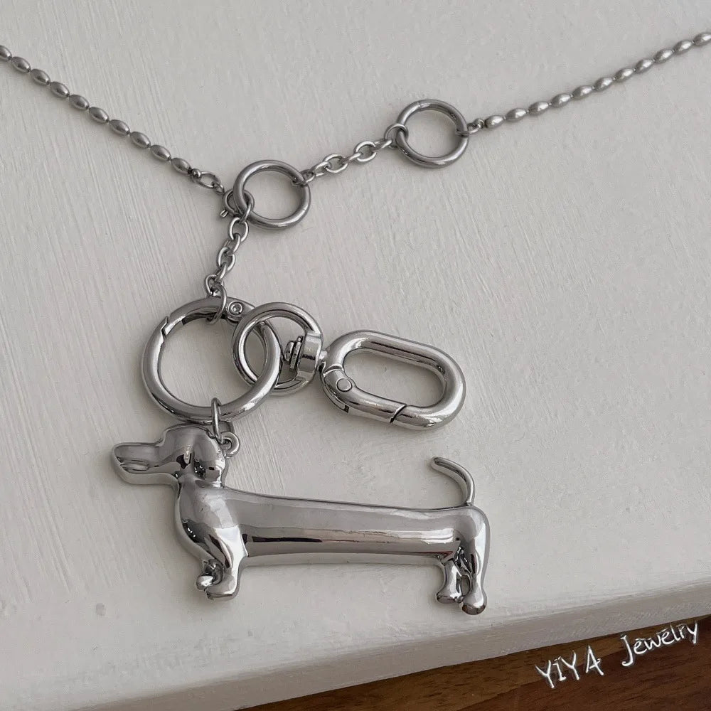 Minar Unique Design Smooth Surface Dachshund Cartoon Dog Pendant Necklaces for Women Silver Plated Long Beads Sweater Chain