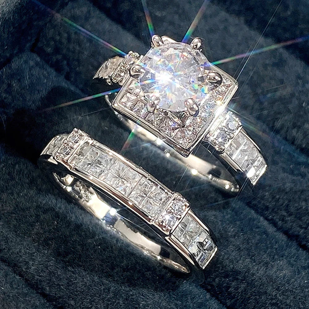 Huitan Set Lady Rings Luxury Wedding Engagement Party Finger Accessories Inlaid Shining Cubic Zirconia Graceful Fashion Jewelry