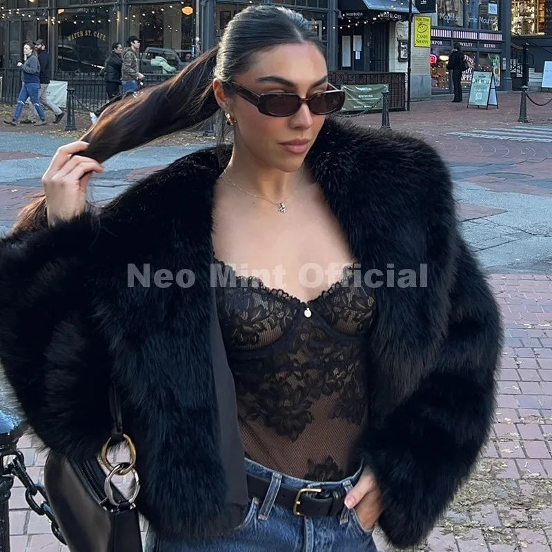 Neo Mint Winter 2025 Trendy Brown Obsession Cropped Shawl Collar Faux Fur Coat Women Jacket Chic Girls Brand Fox Fur Outerwear