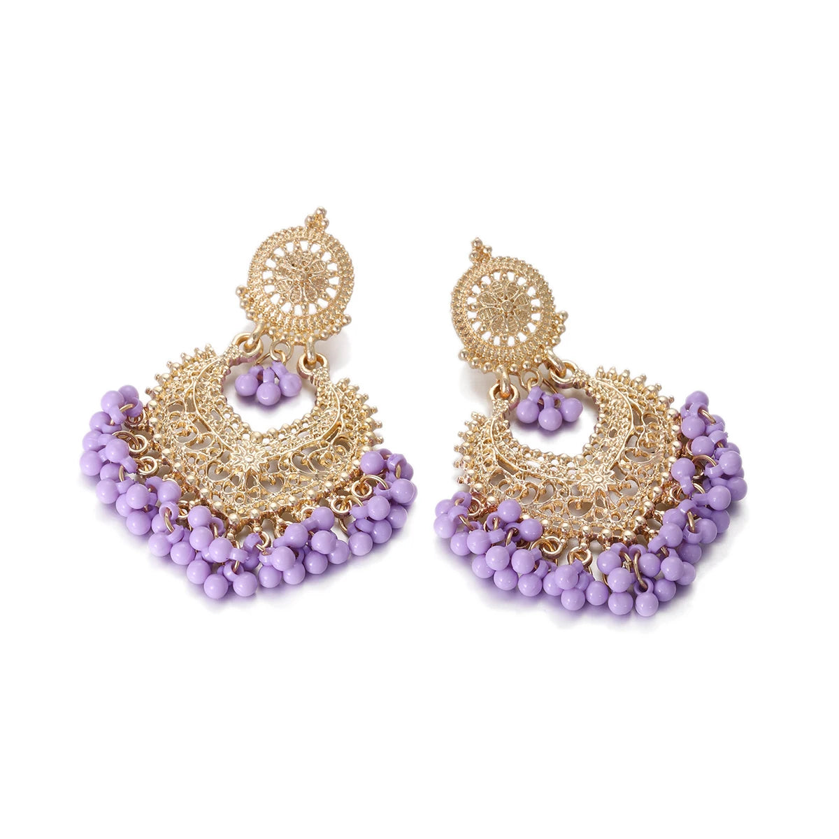 Boho Gold Color Heart Shape Carved Flower Dangle Earrings for Women Indian Jhumka Earrings