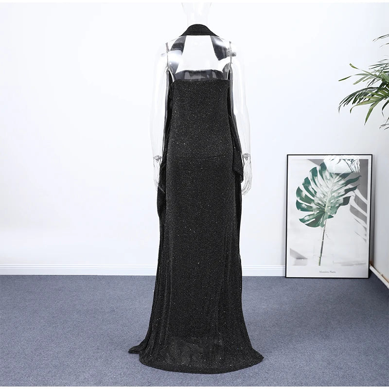 Elegant Ribbon Sequined Long Knotted Dress Sleeveless Strapless See Through Pleated Dresses 2026 Spring Lady Party Evening Robes