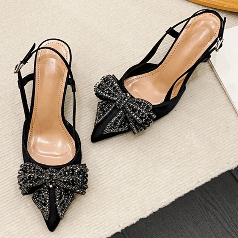 Aneikeh Pointed Toe Women Pumps Designer Crystal Butterfly-knot Elegant Slingbacks Buckle Strap High Heels Wedding Shoes