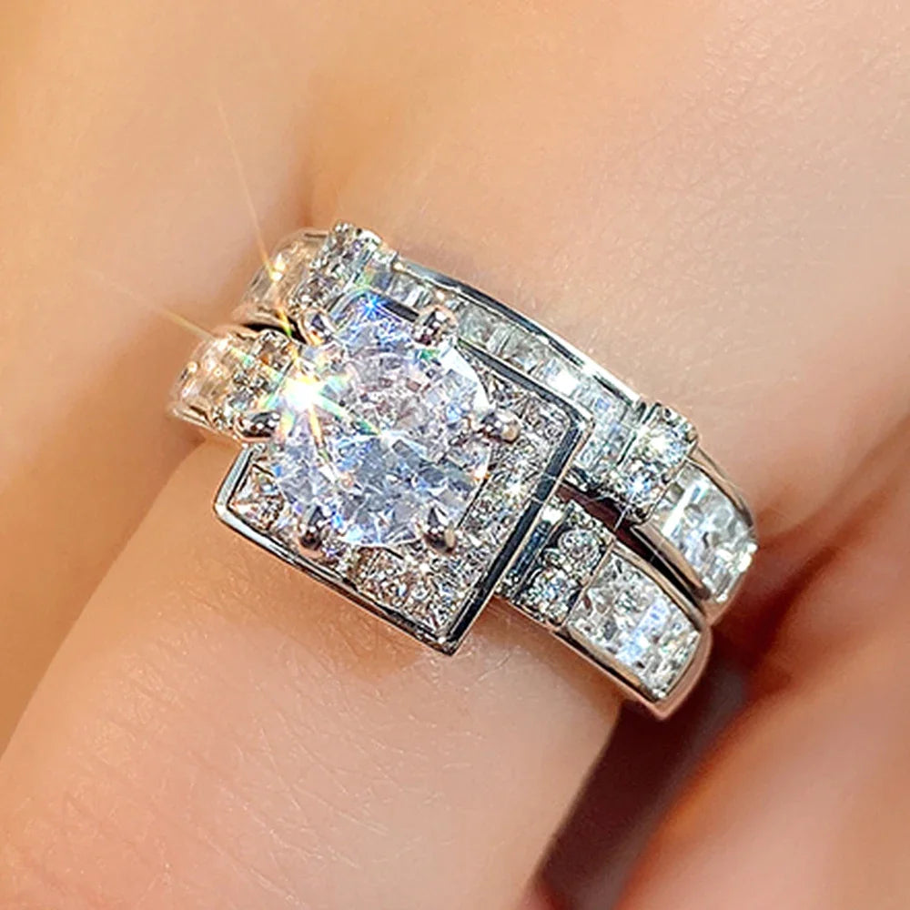 Huitan Set Lady Rings Luxury Wedding Engagement Party Finger Accessories Inlaid Shining Cubic Zirconia Graceful Fashion Jewelry