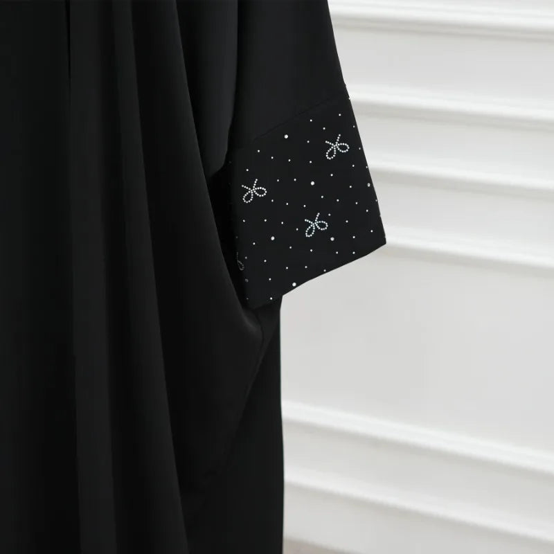 Luxury Dubai Abaya with Beaded Bow Modest Dress for Muslim Women Elegant Open Front Cover Cardigan Fashion Plain Turkey Outfit