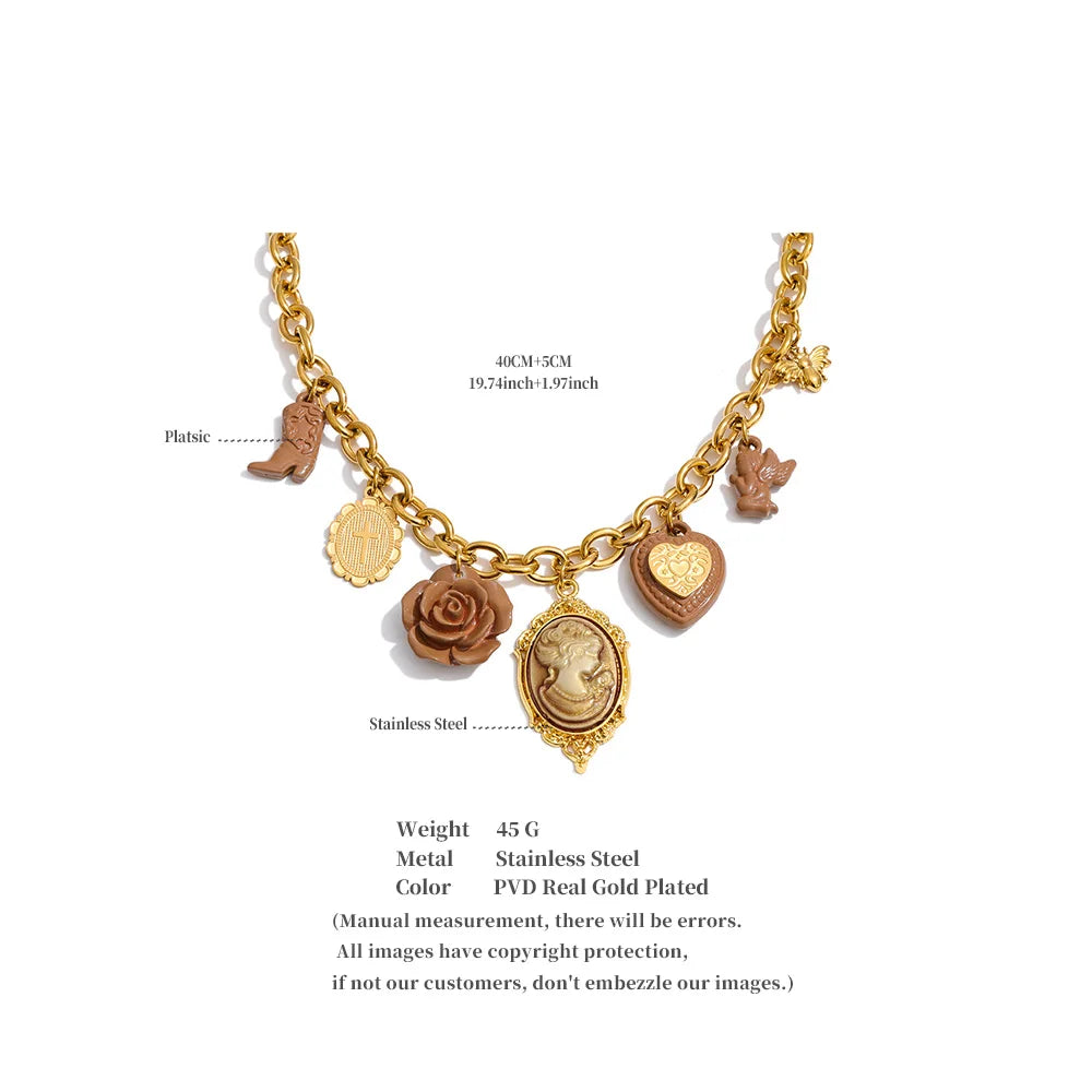 Yhpup New Arrivals Resin Flower Heart Portrait Drop Statement Necklace for Women 18K Golden PVD Plated Charm Exclusive Jewelry
