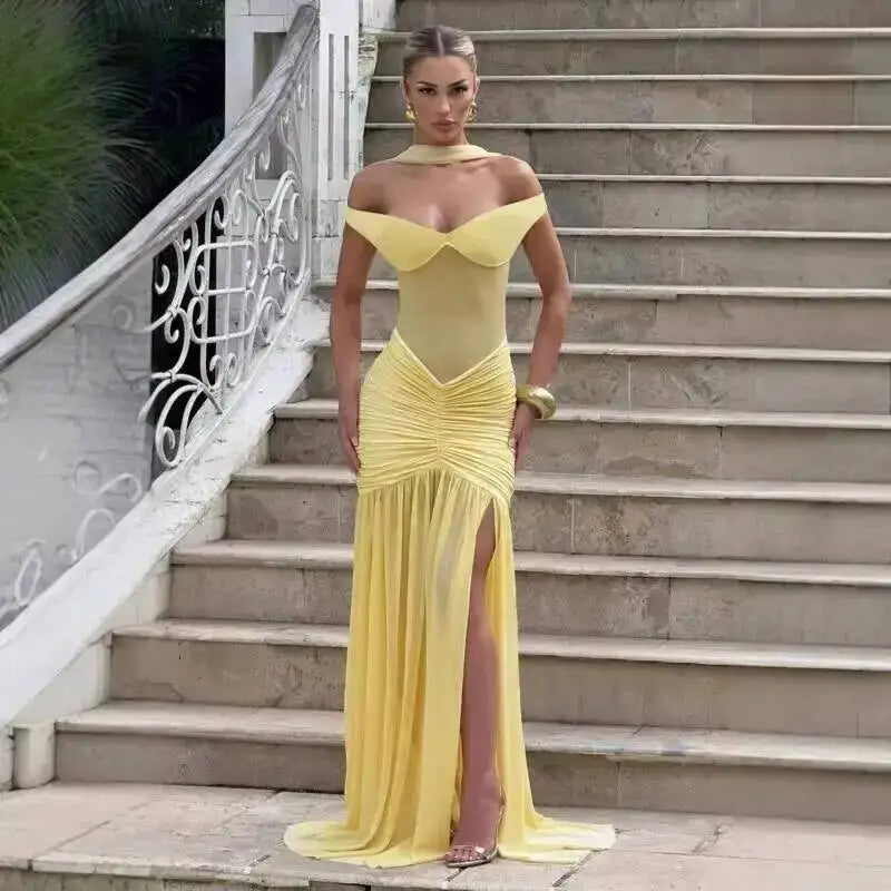 Townlike Pleated Slim Bodycon Maxi Long Dress Women Off Shoulder 2025 Autumn Winter Dress Lace Patchwork Sexy Party Dresses