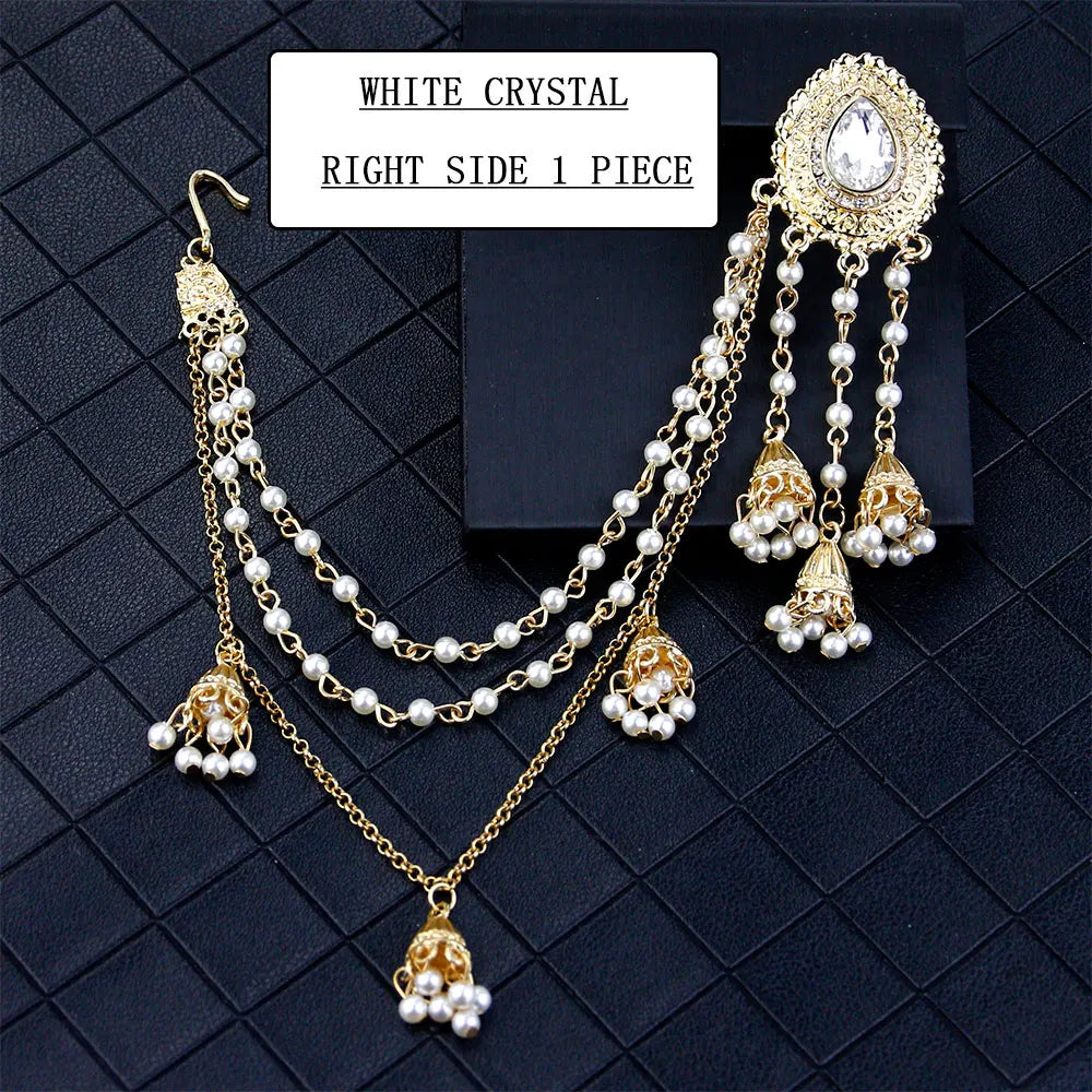 Sunspicems Fashion Indian Earring Link Headdress Jewelry Handmade Bead Chain With Metal Pendant Gold Color Bridal Bijoux Gift