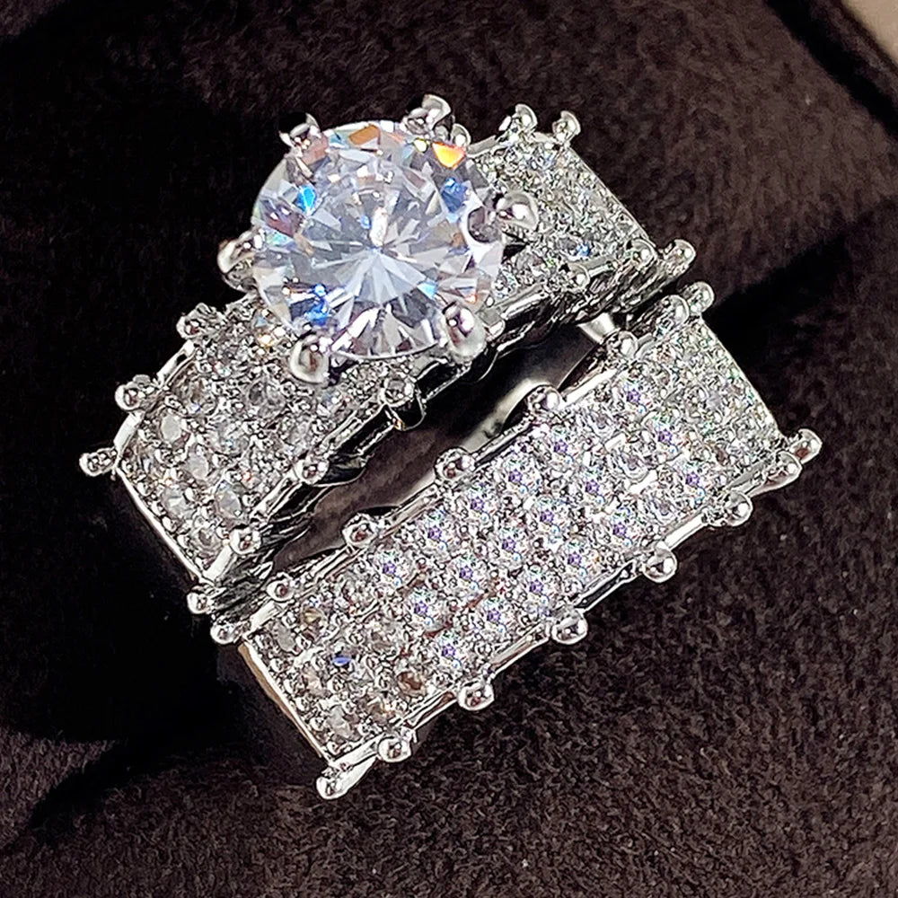 Huitan Set Lady Rings Luxury Wedding Engagement Party Finger Accessories Inlaid Shining Cubic Zirconia Graceful Fashion Jewelry