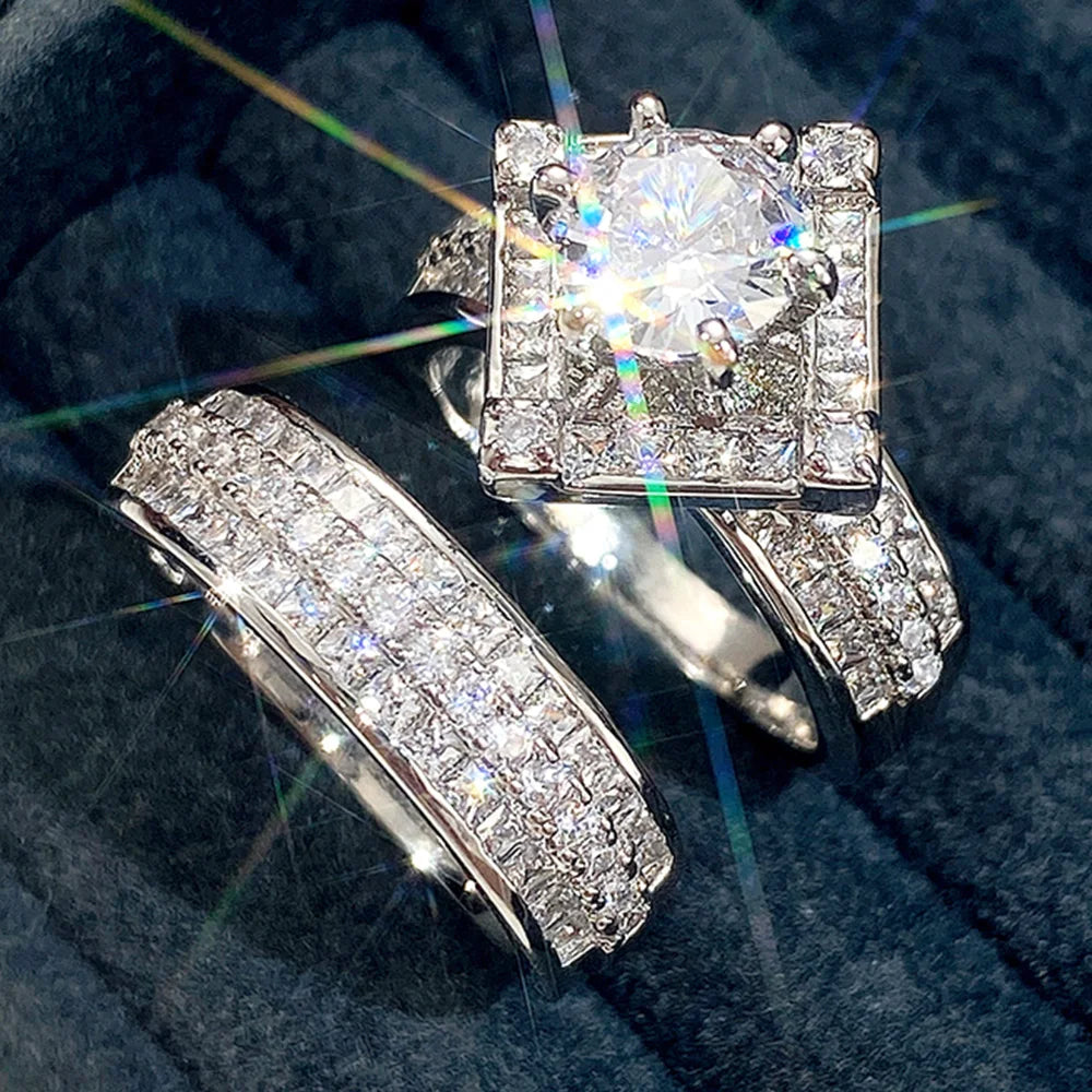 Huitan Set Lady Rings Luxury Wedding Engagement Party Finger Accessories Inlaid Shining Cubic Zirconia Graceful Fashion Jewelry