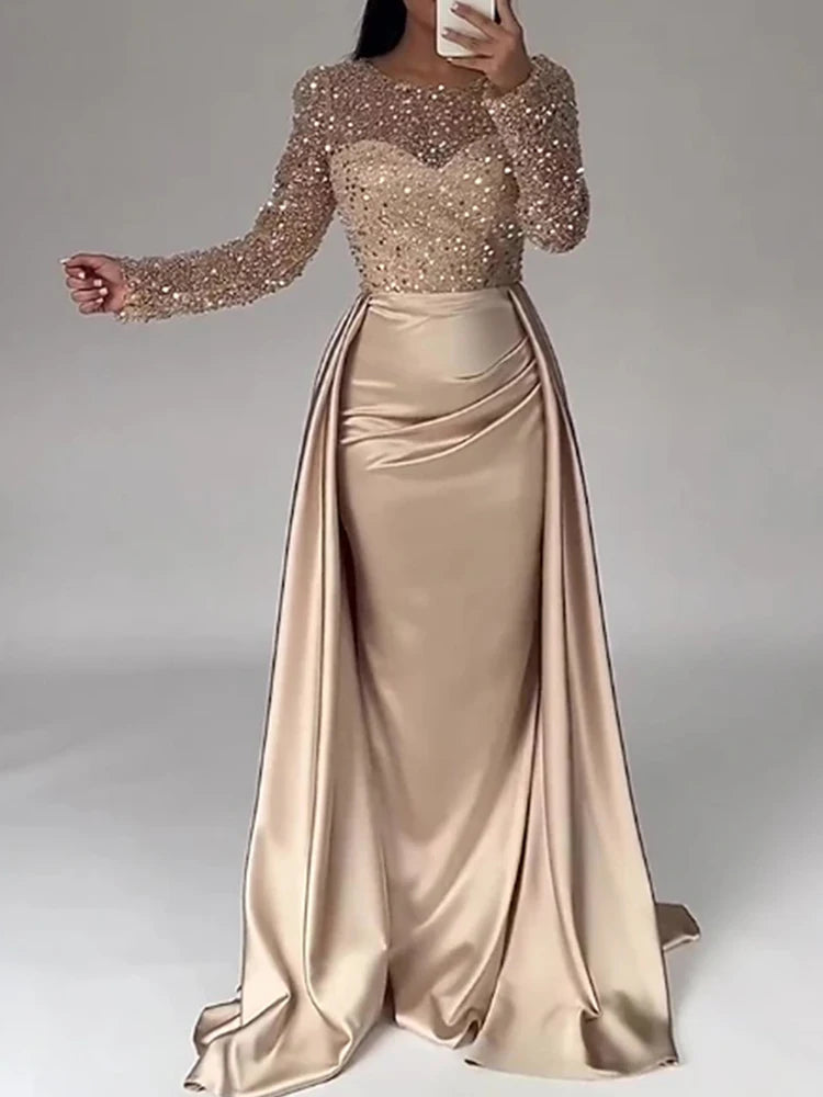 Elegant Satin Sequin Stitching Dress Luxury Glitter High Waist Gala Evening Dress Women Chic Long Sleeve Full Length Party Dress