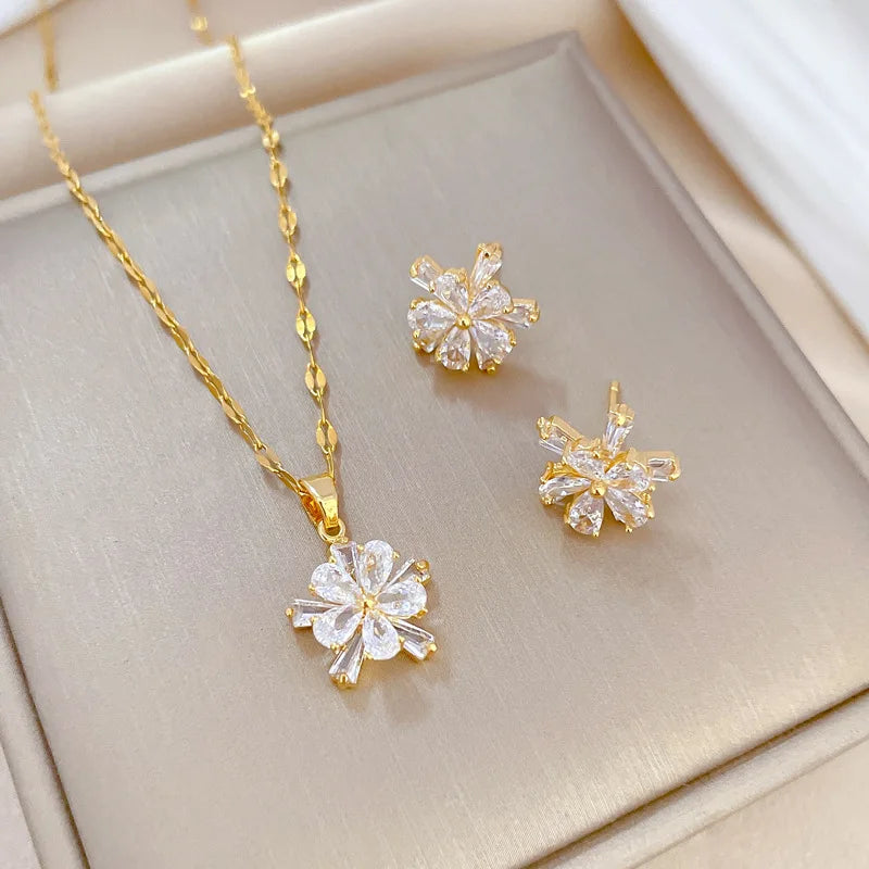 DIEYURO 316L Stainless Steel Lovely White Crystal Flower Charm Necklace Earrings For Women Girl New Trendy Jewelry Set Gift