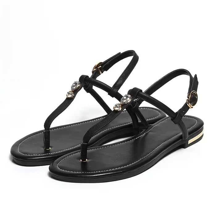 FOREADA Women Shoes Summer Sandals Genuine Leather Crystal Flat Shoes Buckle Open Toe T-Strap Sandals Ladies Gold Plus Size 3-12