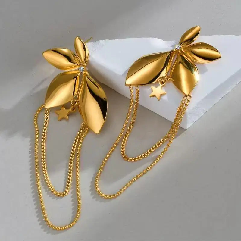 EILIECK 316L Stainless Steel Palm Leaves Drop Dangle Earrings Stylish Trendy Waterproof 18K PVD Plated Metal Jewelry for Women
