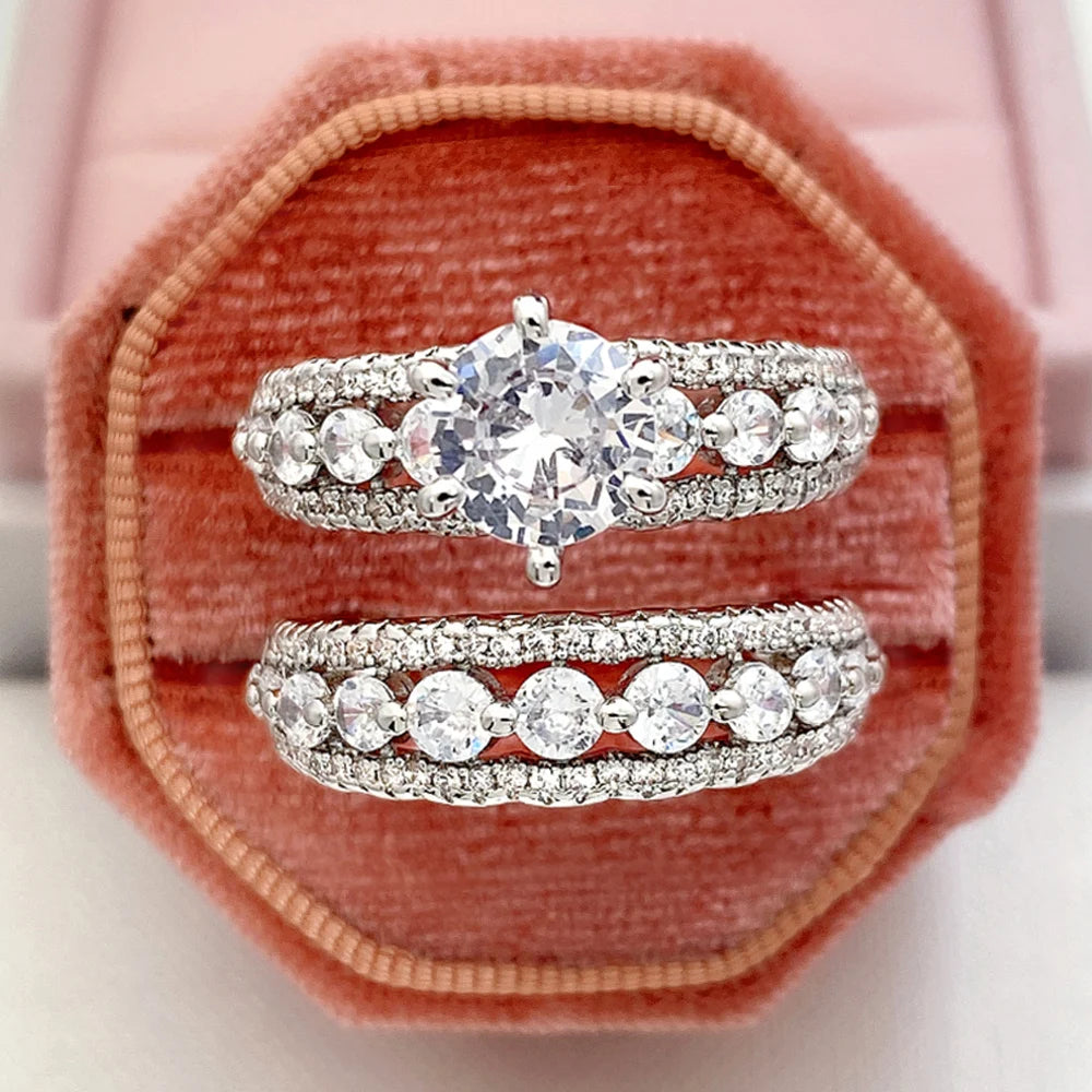 Huitan Set Lady Rings Luxury Wedding Engagement Party Finger Accessories Inlaid Shining Cubic Zirconia Graceful Fashion Jewelry