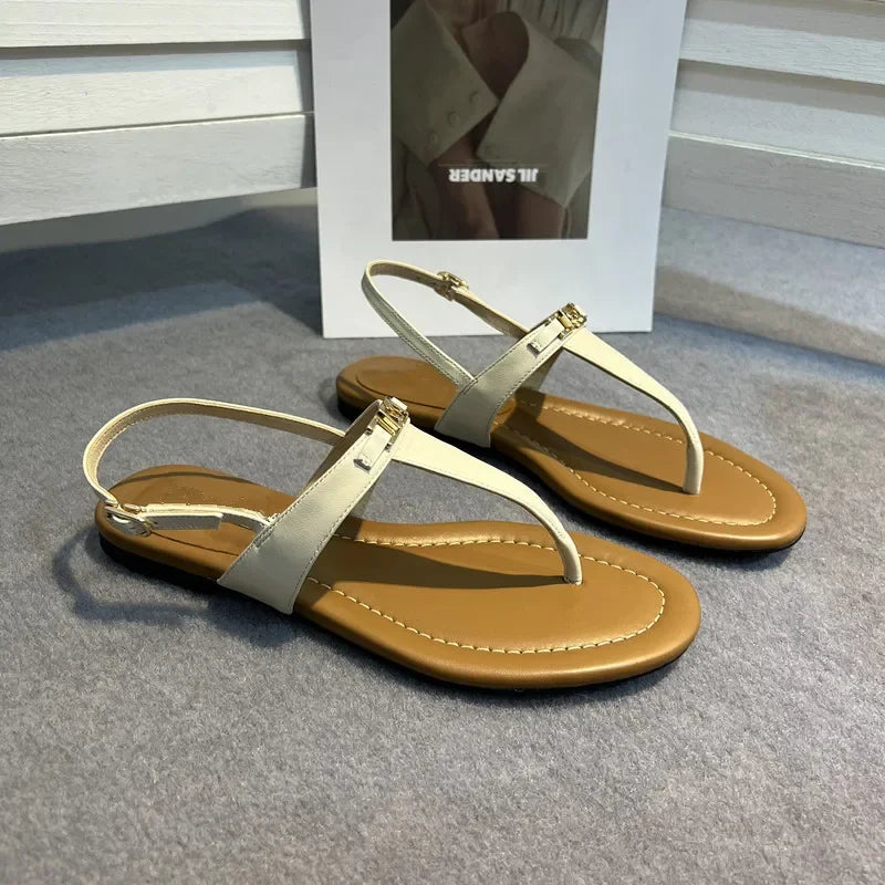 Genuine Leather Retro Clip Toe Roman Sandals Women Summer Fashion Flat Shoes Sexy T-Strap Flip Flops Casual Beach Slippers Women