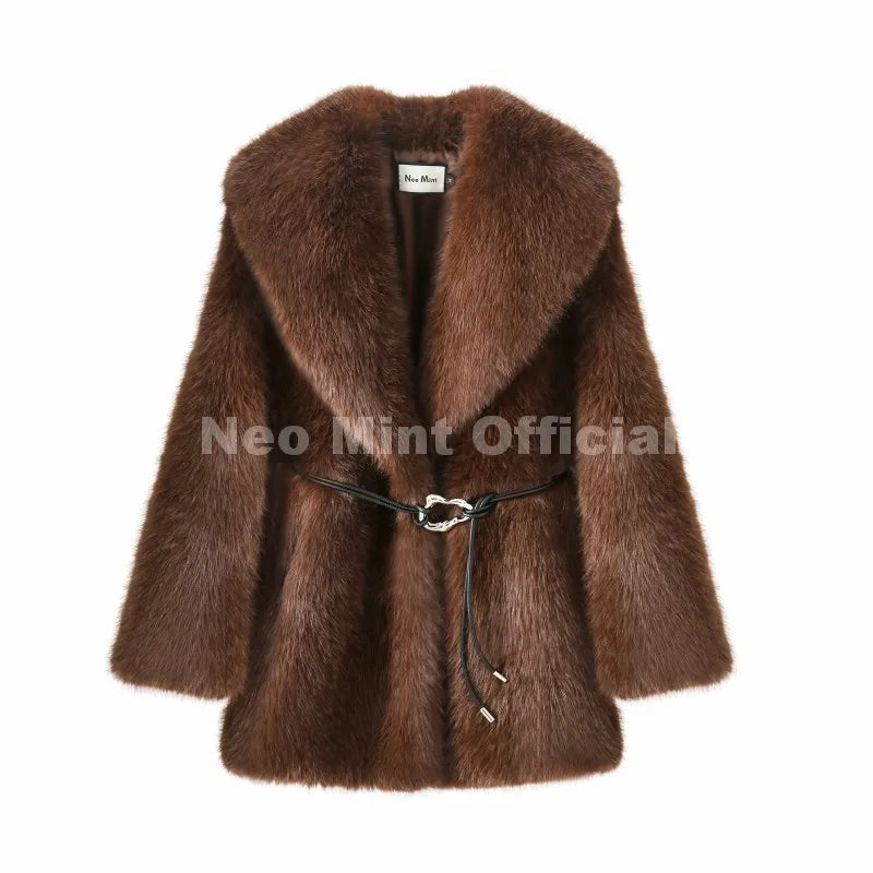 Neo Mint 2025 Winter Hot Brown Belted Faux Fur Coat Women Thick Warm Long Fox Fur Jacket Chic Brand Fashion Girls Furry Overcoat