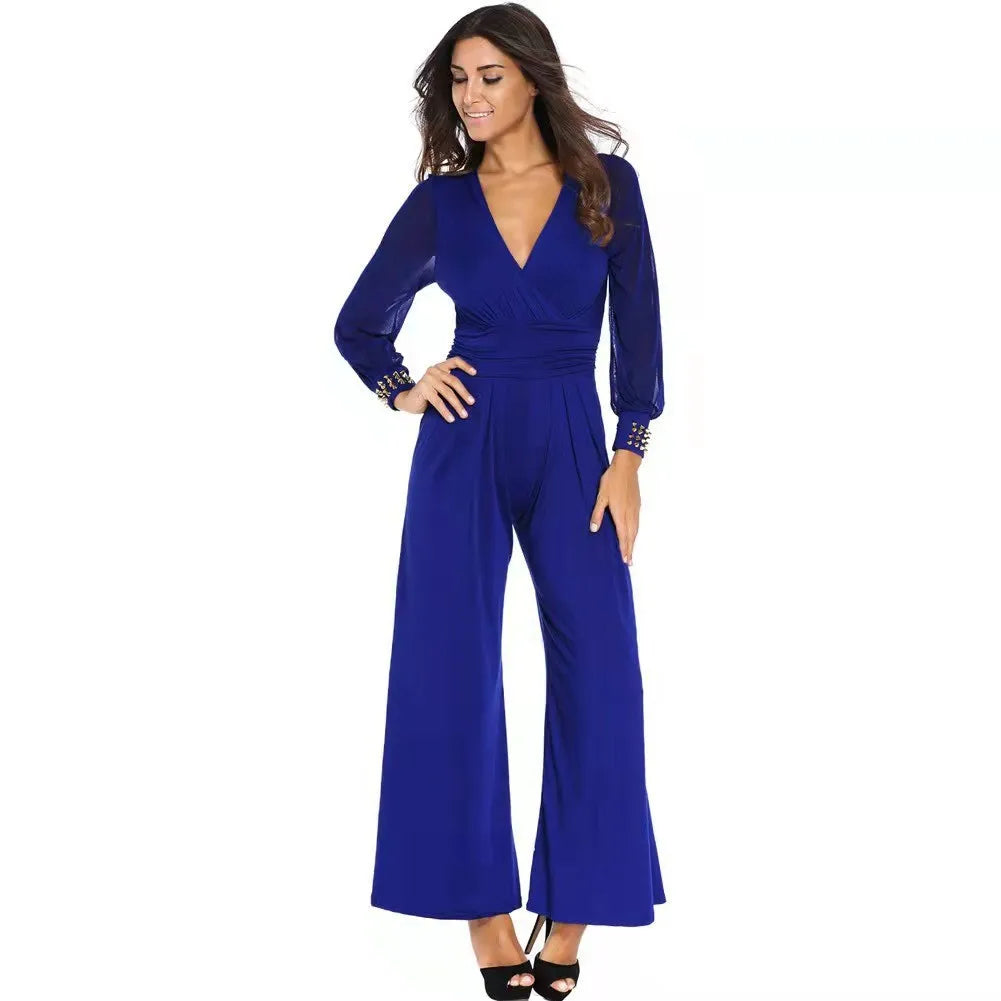 Fashion Deep V-neck Long-sleeved Waist Jumpsuit For Women Elegant Solid Color Lace Lantern Sleeves Loose Casual Jumpsuit Female