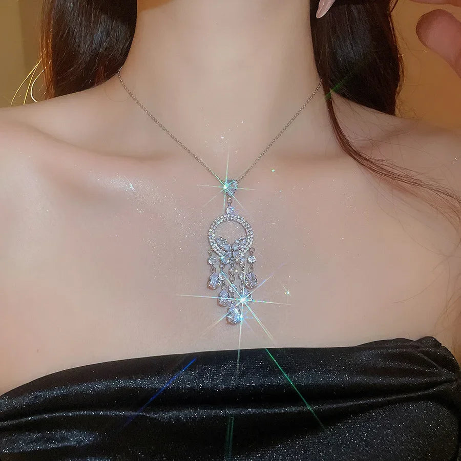 Inlaid Rhinestone Zircon Round Butterfly Jewelry Sets for Women 2025 Fashion Light Luxury High-end Wedding Earring Necklace Set