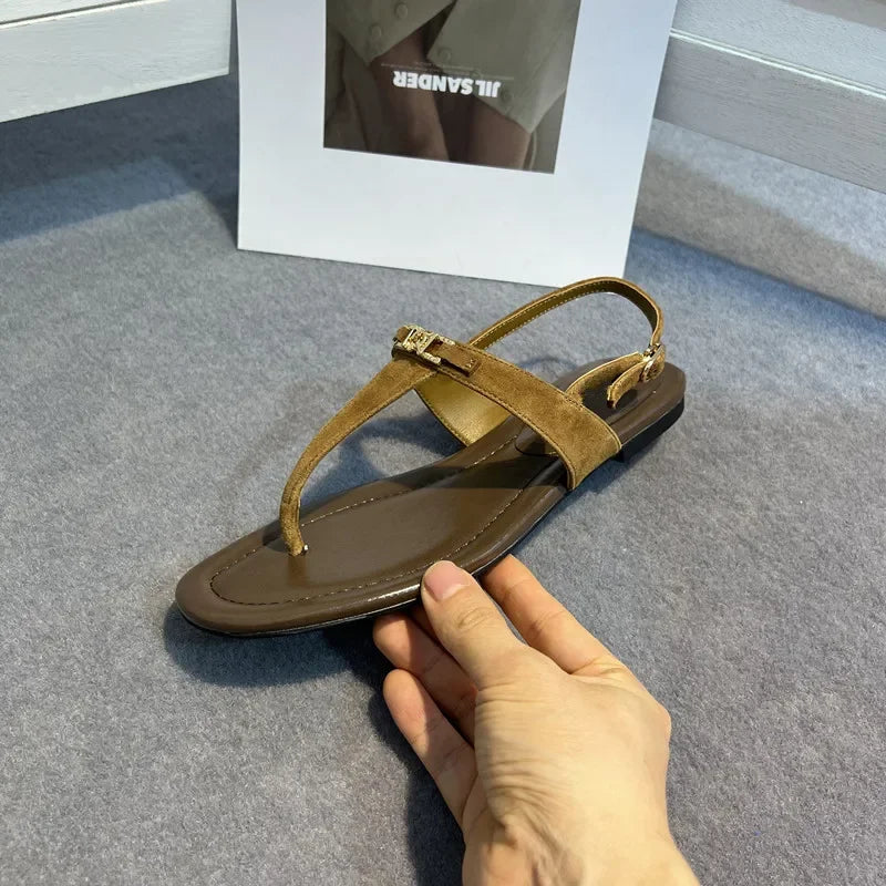 Genuine Leather Retro Clip Toe Roman Sandals Women Summer Fashion Flat Shoes Sexy T-Strap Flip Flops Casual Beach Slippers Women