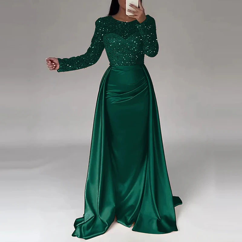 Elegant Satin Sequin Stitching Dress Luxury Glitter High Waist Gala Evening Dress Women Chic Long Sleeve Full Length Party Dress