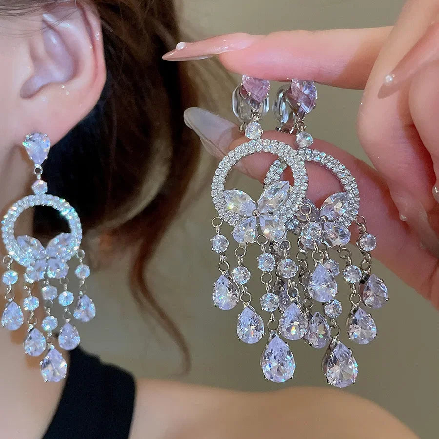 Inlaid Rhinestone Zircon Round Butterfly Jewelry Sets for Women 2025 Fashion Light Luxury High-end Wedding Earring Necklace Set