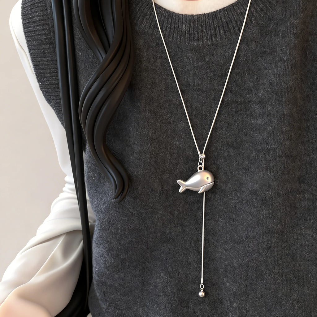Korean Fashion Simple Silver Small Fish Pendant Necklace Female Adjustable Pull  Long Sweater Chain Charm Jewerly Holiday Gift