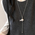 Korean Fashion Simple Silver Small Fish Pendant Necklace Female Adjustable Pull  Long Sweater Chain Charm Jewerly Holiday Gift