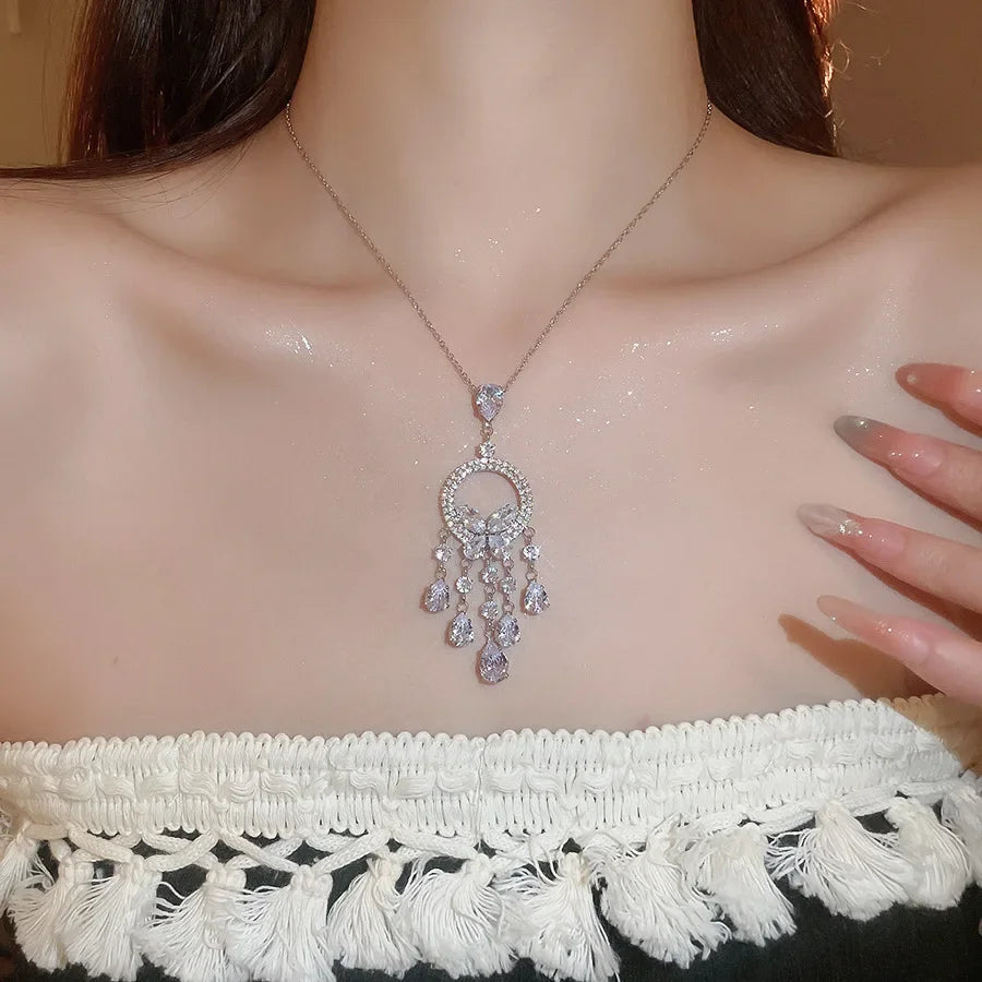Inlaid Rhinestone Zircon Round Butterfly Jewelry Sets for Women 2025 Fashion Light Luxury High-end Wedding Earring Necklace Set