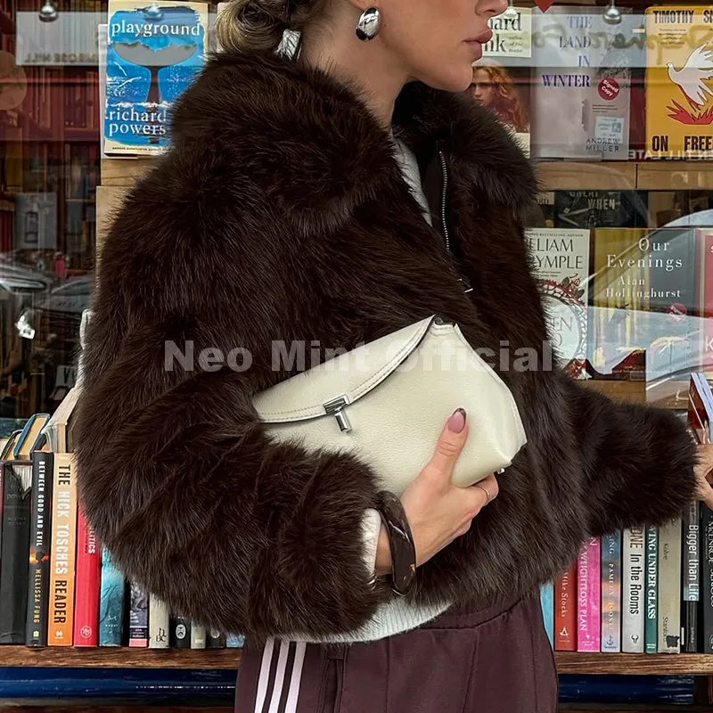 Neo Mint Ins Blogger Brand Fashion Burgundy Obsession Faux Fur Coat Women Winter 2025 Vintage Brown Fox Fur Jacket Warm Overcoat