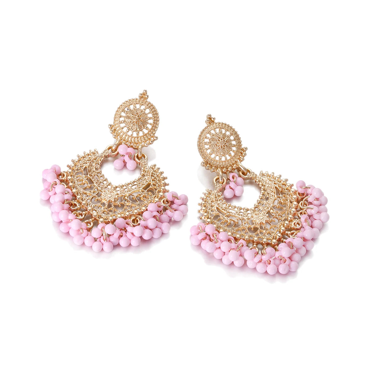 Boho Gold Color Heart Shape Carved Flower Dangle Earrings for Women Indian Jhumka Earrings