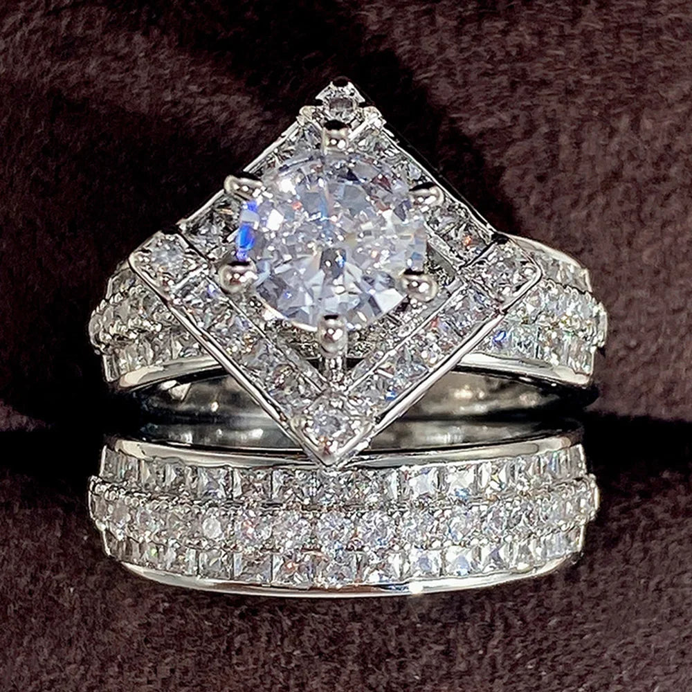 Huitan Set Lady Rings Luxury Wedding Engagement Party Finger Accessories Inlaid Shining Cubic Zirconia Graceful Fashion Jewelry
