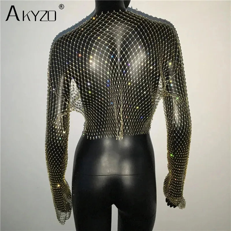 Autumn Women Sexy See Through Fishnet T Shirt Glitter Rhinestone Hollow Mesh Long Sleeve Crop Tops Nightclub Party Festival Top