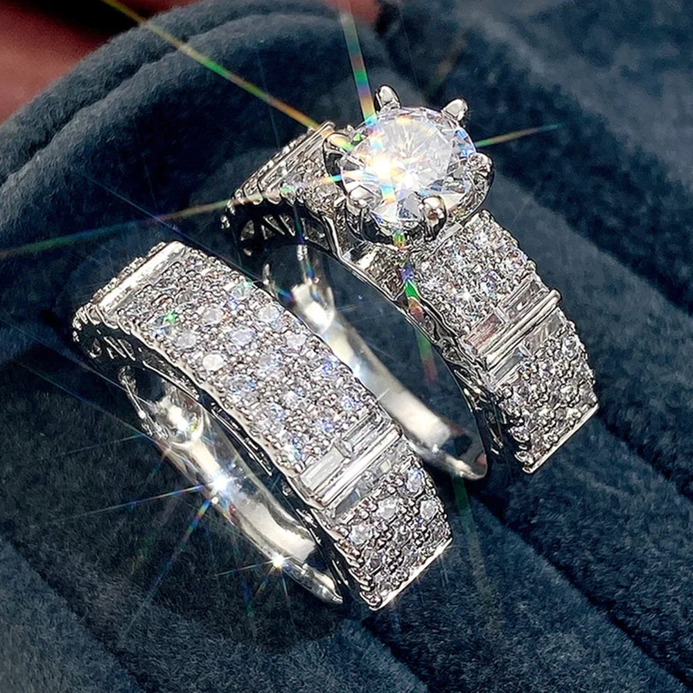 Huitan Set Lady Rings Luxury Wedding Engagement Party Finger Accessories Inlaid Shining Cubic Zirconia Graceful Fashion Jewelry