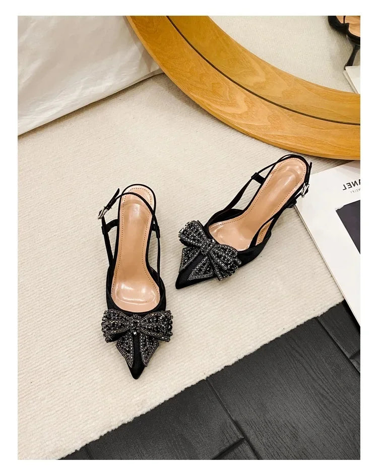 Aneikeh Pointed Toe Women Pumps Designer Crystal Butterfly-knot Elegant Slingbacks Buckle Strap High Heels Wedding Shoes