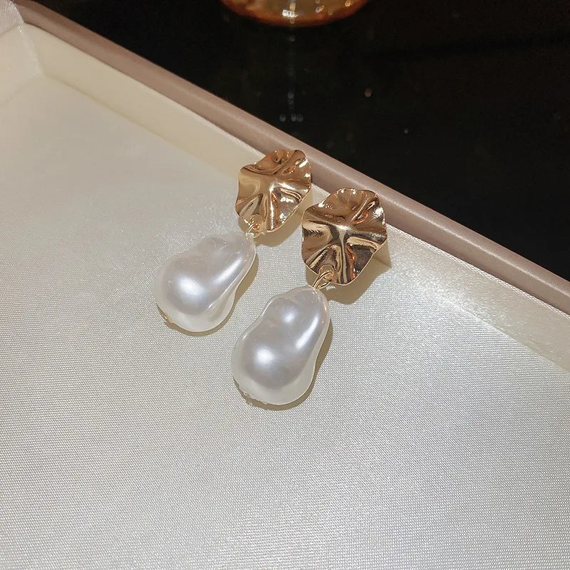 Metal Color Irregular Geometric Wrinkle Simulated Pearl  Alloy Drop Earrings For Women Dangle Earrings Jewelry Accessories Gifts