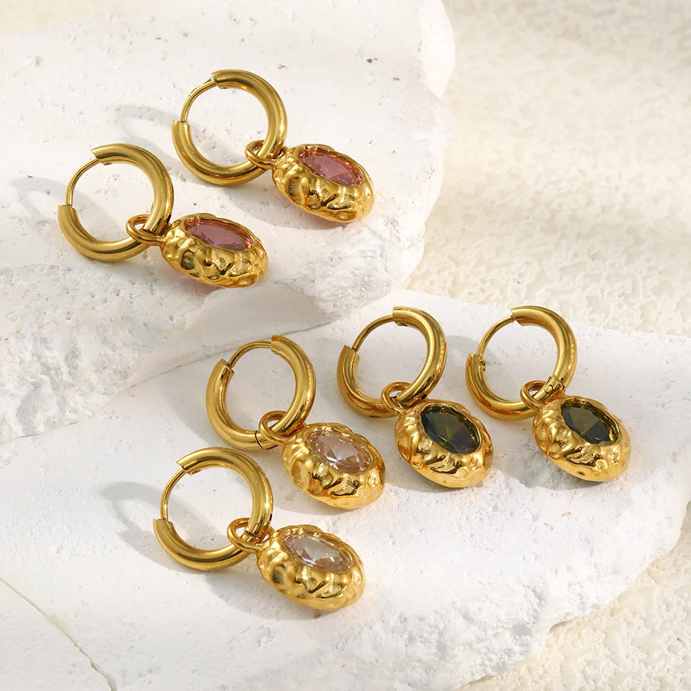 E.B.belle Colorful Zircon Stone Hoop Earring Hammered Pattern Oval Earrings Stainless Steel Gold Plated For Women's Gift