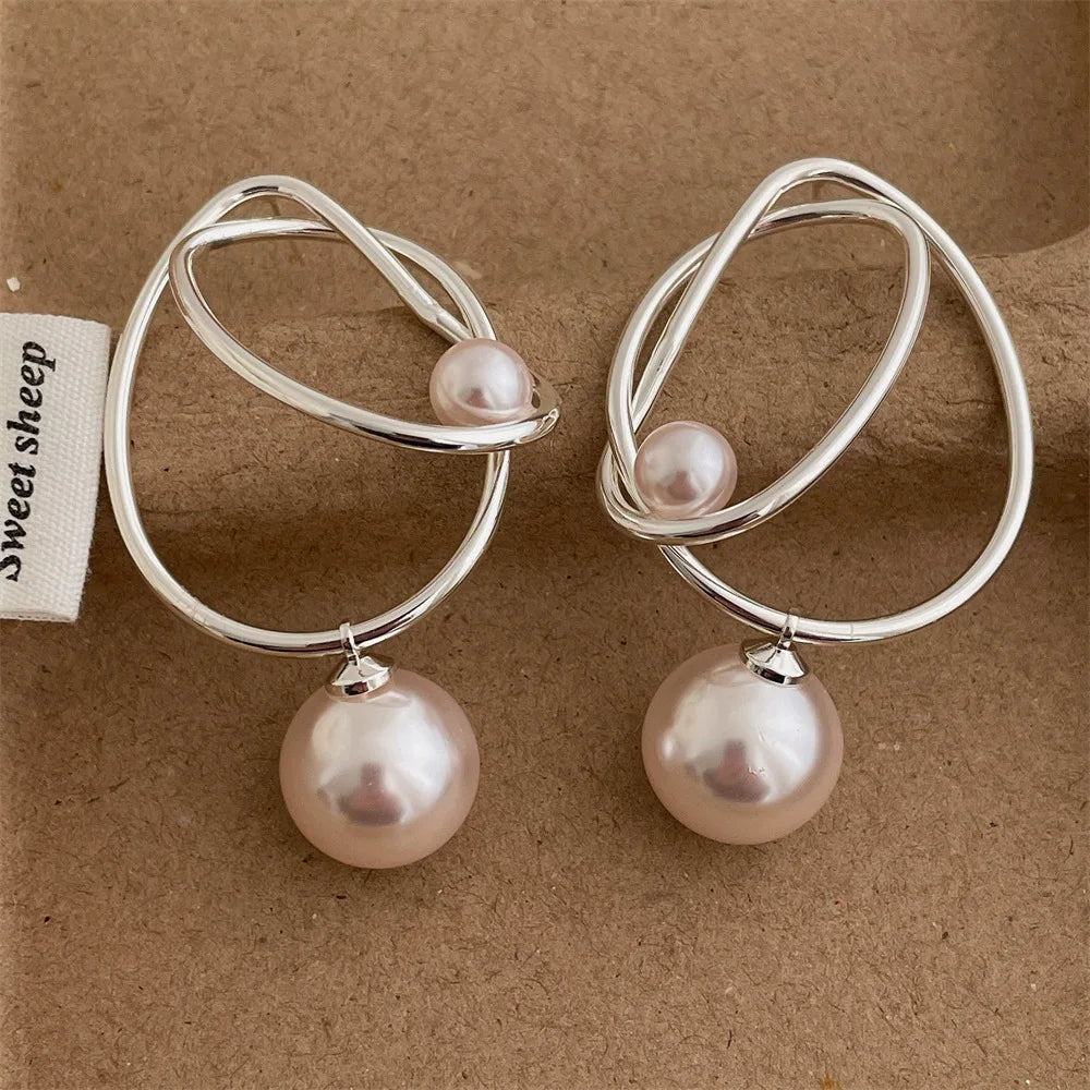 Kshmir Vintage Irregular Metal Line Pearl Pendant Earrings for Women Simple Commuter Jewelry Party Accessories