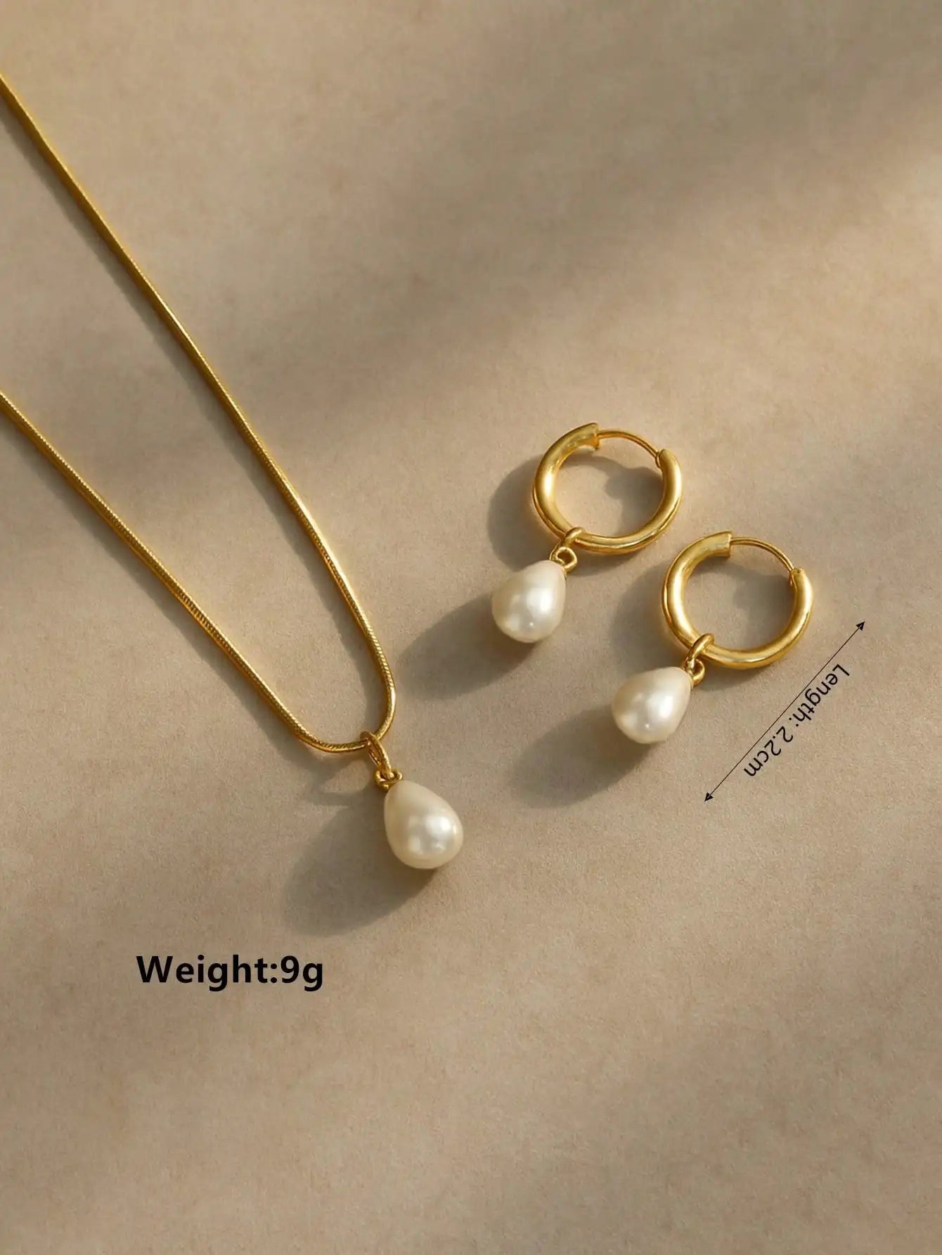 3pc Stainless Steel Waterproof And Non-Fading Stylish Women's Water Droplet Pearl Hoop Earrings Necklace Jewelry Set