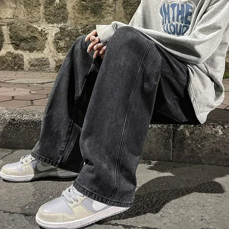 2025 Men's Jeans Korean Version Student Casual Pants High Street Straight Loose Wide Leg Jeans Black Grey Blue Baggy Jeans