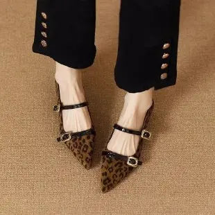 2025 Fall New French Pointed-Toe Leopard Print Mary Janes - Elegant Stylish Commuter Flat Shoes with Single Buckle