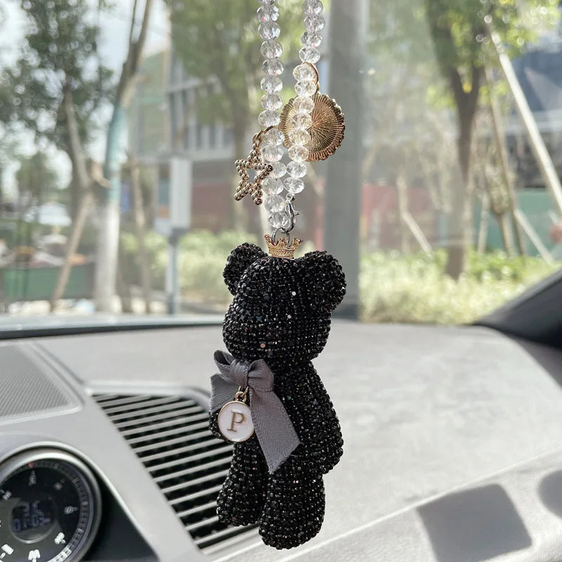 Cartoon Bear Bow Crystal Diamond Car Pendant Mirror Hanging Ornaments Bling Auto Interior Decoration for Men Women