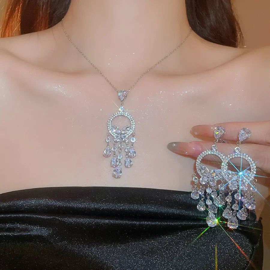 Inlaid Rhinestone Zircon Round Butterfly Jewelry Sets for Women 2025 Fashion Light Luxury High-end Wedding Earring Necklace Set