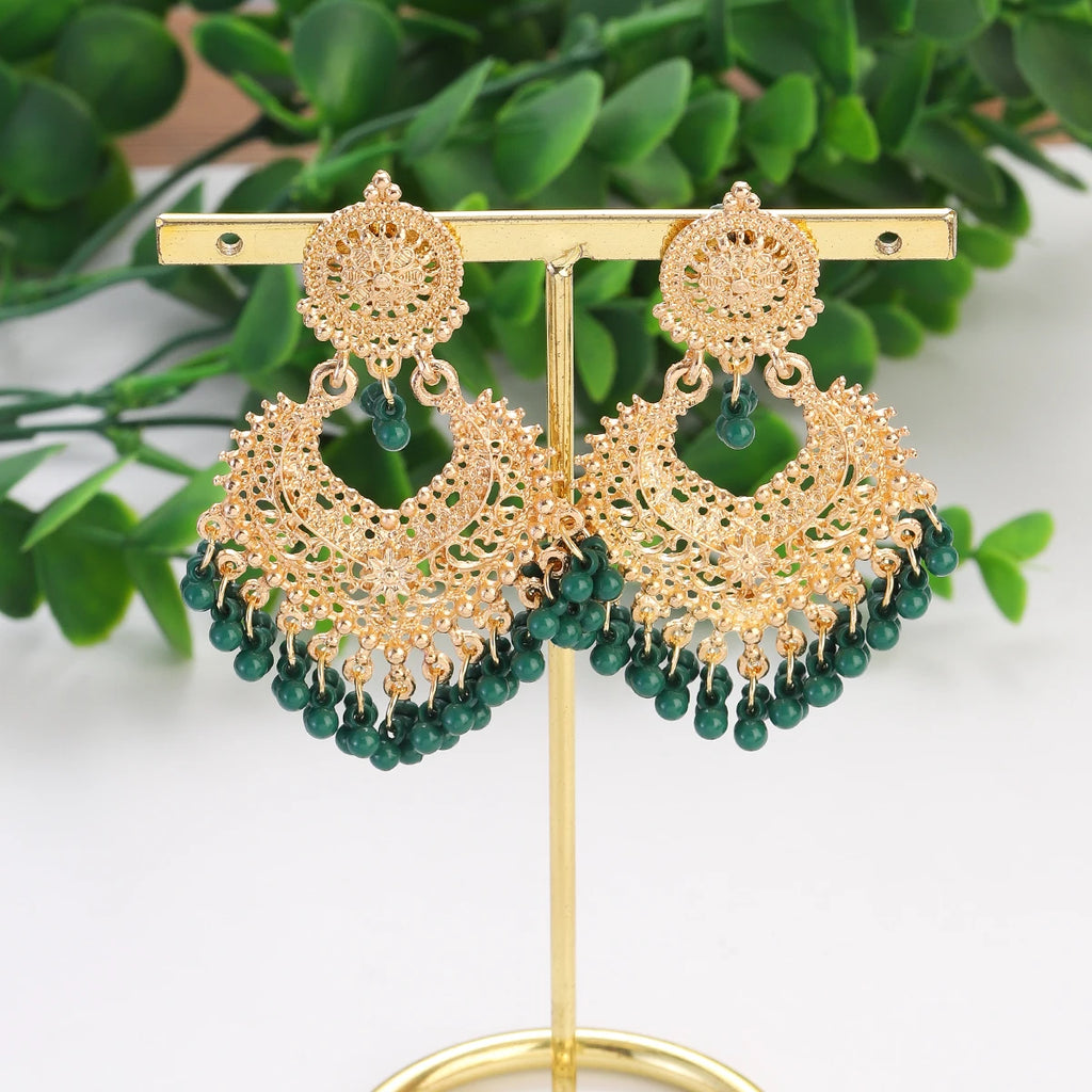 Boho Gold Color Heart Shape Carved Flower Dangle Earrings for Women Indian Jhumka Earrings