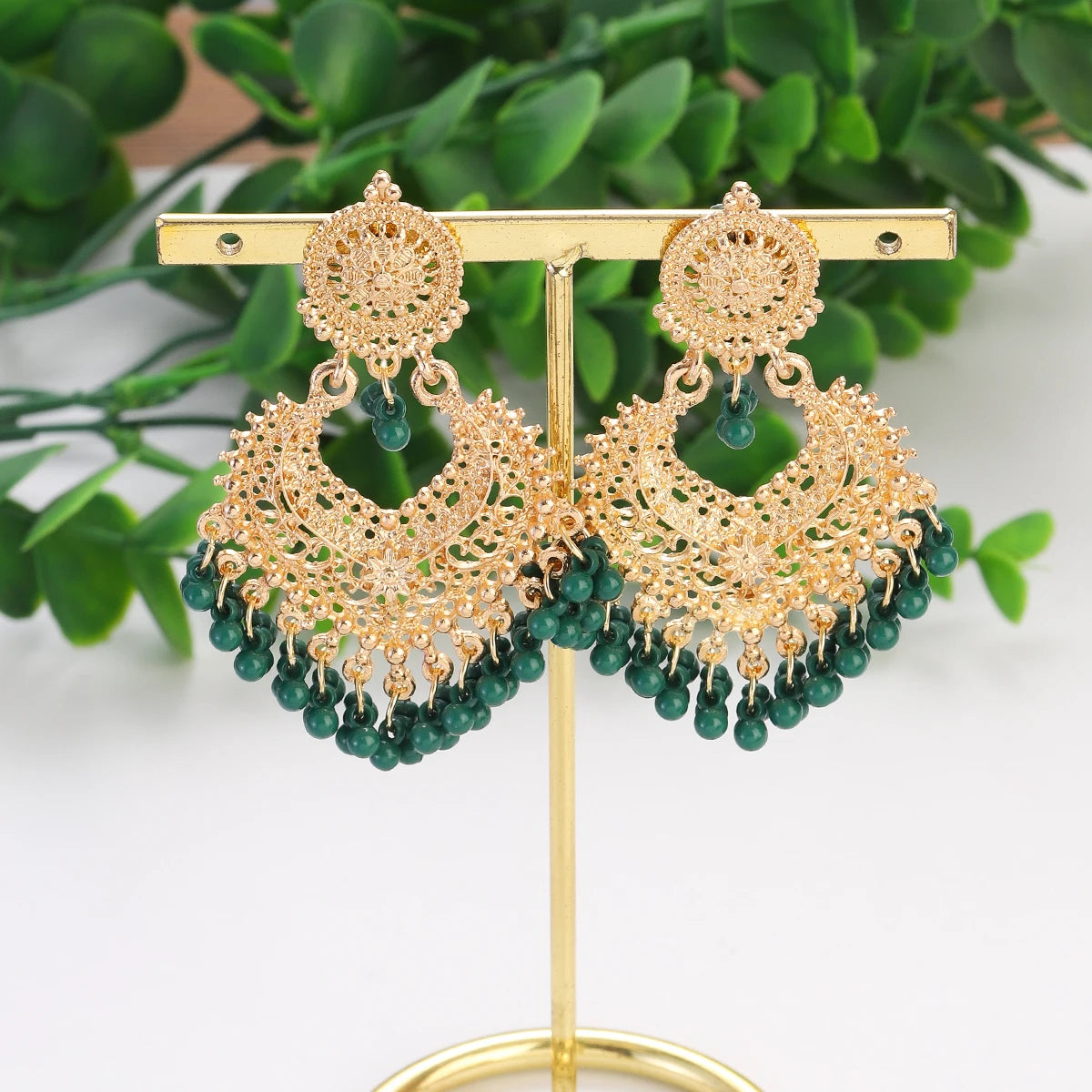 Boho Gold Color Heart Shape Carved Flower Dangle Earrings for Women Indian Jhumka Earrings