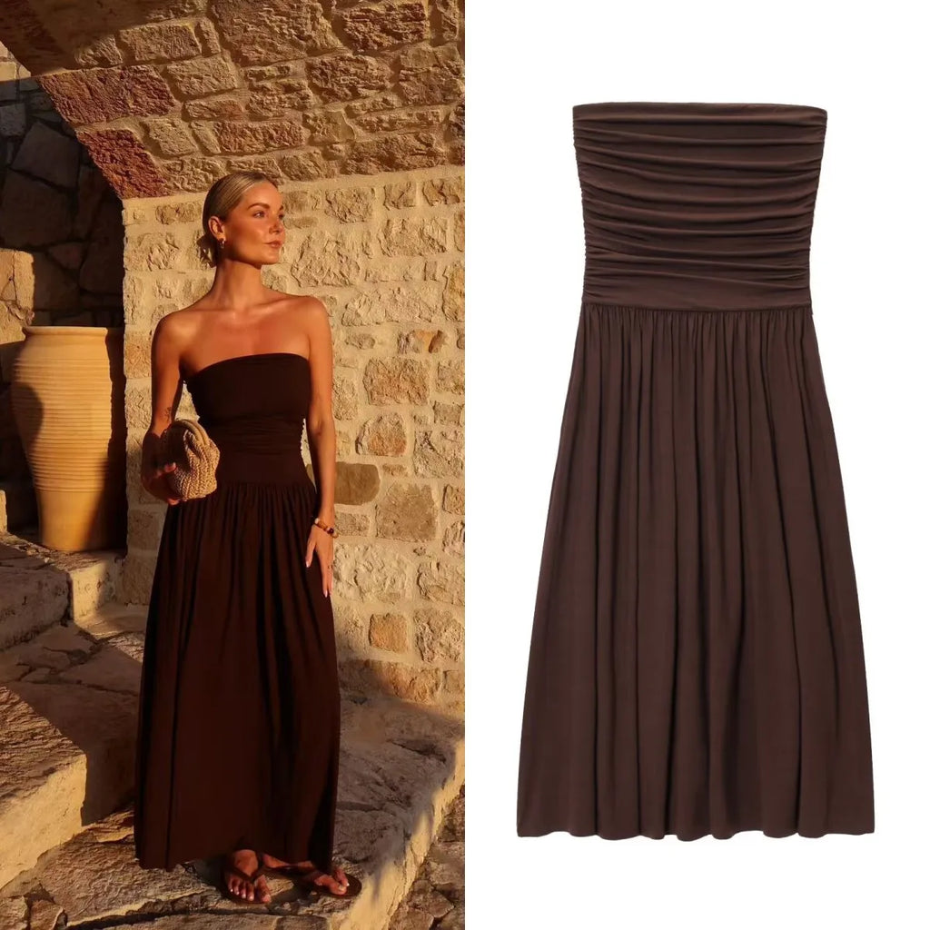 ETJ 2025  women's new dress elegant sexy off-shoulder fashion pleats details slimming strapless dress