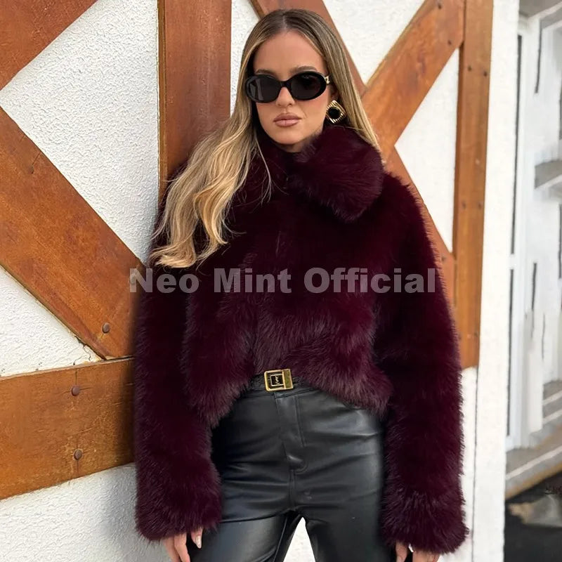 Neo Mint Ins Blogger Brand Fashion Burgundy Obsession Faux Fur Coat Women Winter 2025 Vintage Brown Fox Fur Jacket Warm Overcoat