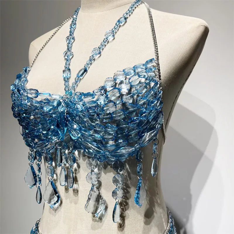Luxury Blue Beaded Bikini Music Rave Party Body Chain Jewelry Bridal Wedding Accessories Fringe Crystal Mermaid Bra Top & Skirt